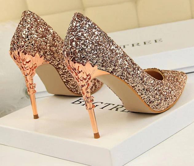 Cheap Dress Shoes Pumps 4 inch High Heel Chunky With Ankle Strap Evening Shoes  Glitter Block Heel Square Toe Sparkly Gold 9522100153F | BuyShoes.Shop