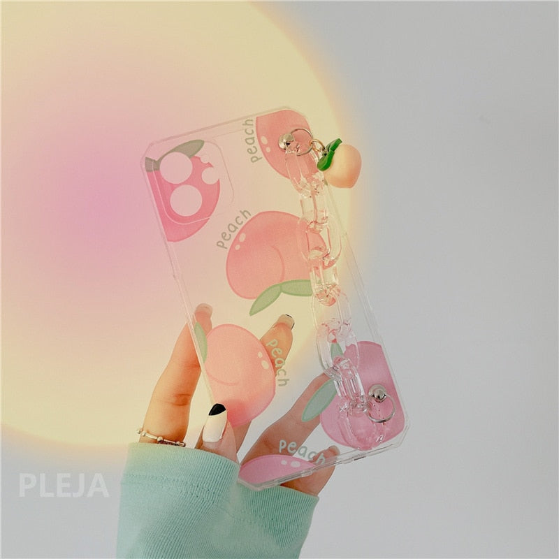 Cute Transparent Peach Hand Strap Phone Case Cover For iPhone