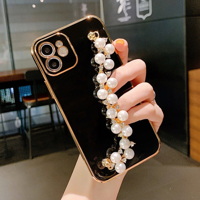 1 Cute Pearl Chain Hand Strap Phone Case For iPhone