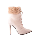 Lace-Up Faux Fur Suede High Heel- Beige, Black - Kalsord