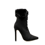 Lace-Up Faux Fur Suede High Heel- Beige, Black - Kalsord