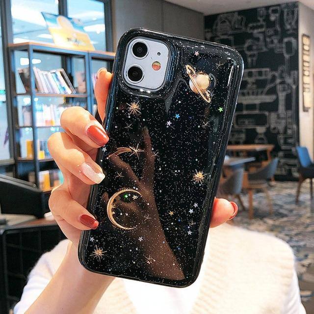 3D Cartoonish Glittering Golden Moon Stars Galaxy Phone Case For iPhone 7 8 6 6s Plus 11 Pro X XR XS Max